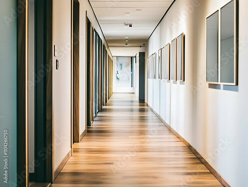 Office interior signage mockups - A modern hallway with wooden flooring and framed pictures on the walls.