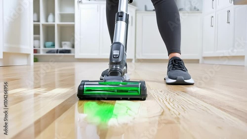 Woman cleaning hardwood floor with lightweight vacuum cleaner