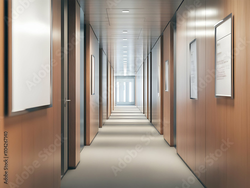 Office interior signage mockups - A modern office corridor with wooden walls and framed documents, leading to a glass door.