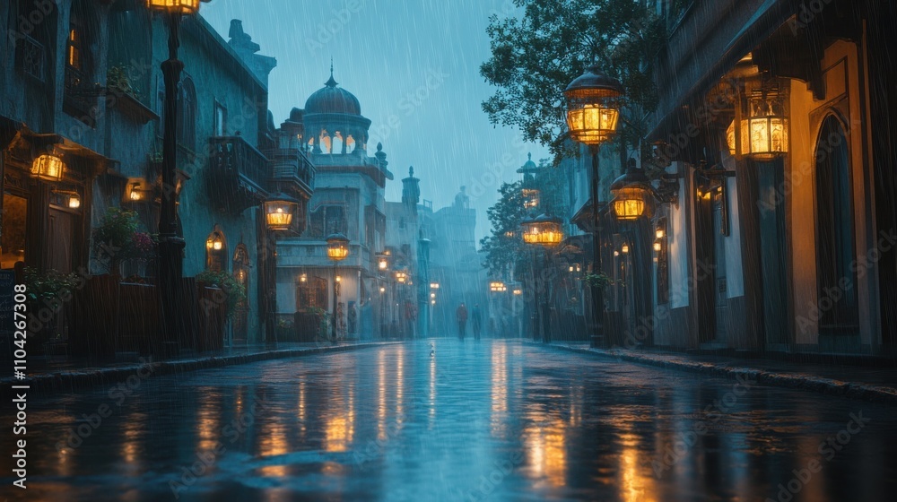 Fototapeta premium A rainy night in a quaint, European-style town. The warm glow of streetlights reflects on the wet cobblestone streets, creating a serene and atmospheric scene.