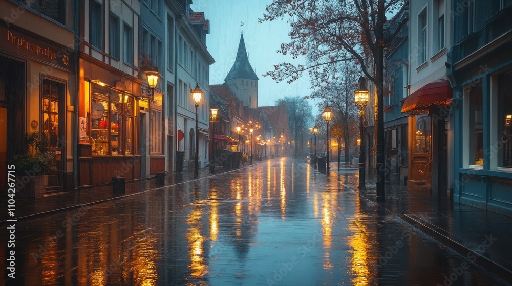 Fototapeta premium Rainy night on a charming cobblestone street. Warm light from shop windows reflects on wet pavement, creating a magical atmosphere.