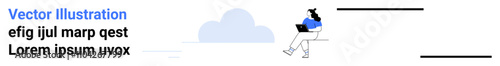 Woman working on laptop, sitting with cloud in background, and black text blocks. Ideal for modern workspaces, remote work, freelancing, cloud computing, online communication, productivity, digital