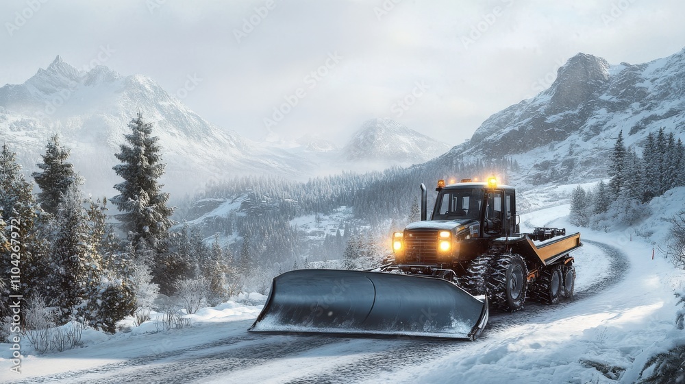 A powerful tractor equipped with a snow plow clears a winding road amid a breathtaking winter landscape. Snow-covered mountains loom in the background, creating a serene, snowy scene. A powerful tractor equipped with a snow plow clears a winding road amid a breathtaking winter landscape. Snow-covered mountains loom in the background, creating a serene, snowy scene.