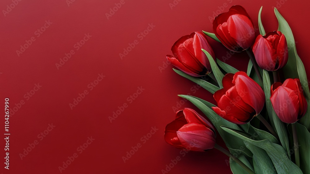 A striking red tulip bouquet against a muted red-brown background, close-up shot, Minimalist style A striking red tulip bouquet against a muted red-brown background, close-up shot, Minimalist style