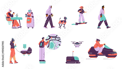 Vector set robot assistants helping people: a waiter, a drone, a flying stroller, a snowboard