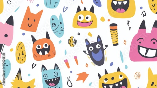 Friendly monster pattern for children's websites featuring cute geometric shapes and positive color combinations