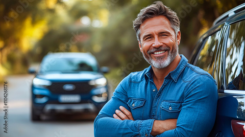 Caucasian mature male in denim smiling beside suv on sunny day