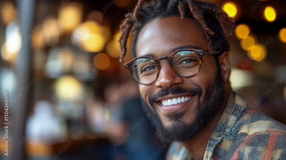 A cheerful man with glasses and curly hair smiles warmly while seated in a lively cafe, basking in the ambiance of the late afternoon A cheerful man with glasses and curly hair smiles warmly while seated in a lively cafe, basking in the ambiance of the late afternoon