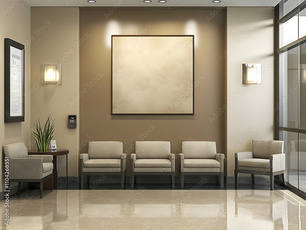 Office interior signage mockups - Modern waiting area with chairs, table, and decorative wall art. Office interior signage mockups - Modern waiting area with chairs, table, and decorative wall art.