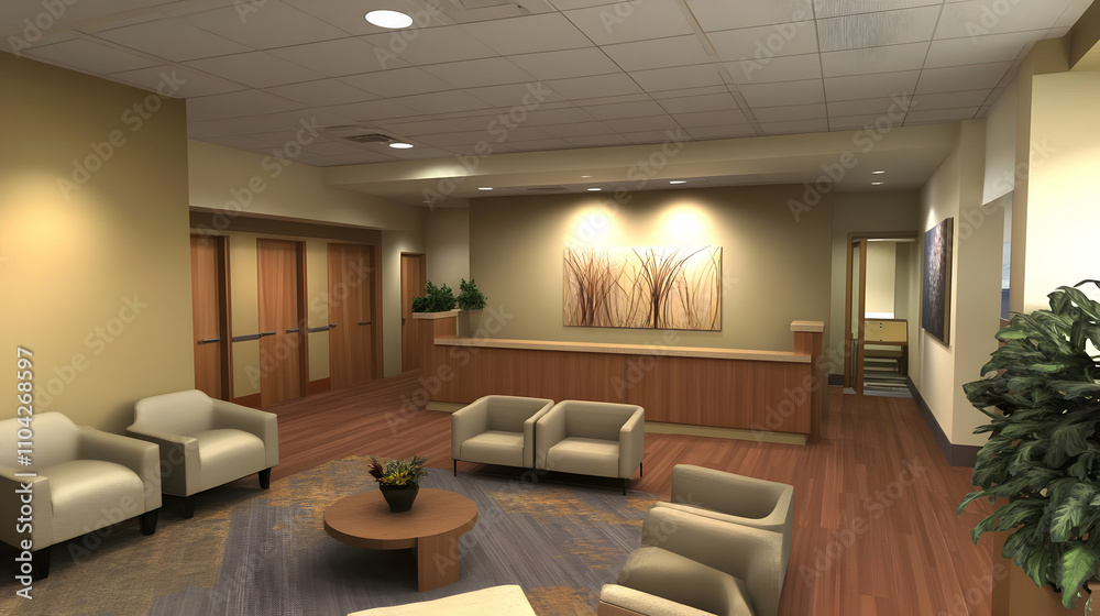 Office interior signage mockups - Modern waiting area with seating, reception desk, and decorative elements. Office interior signage mockups - Modern waiting area with seating, reception desk, and decorative elements.