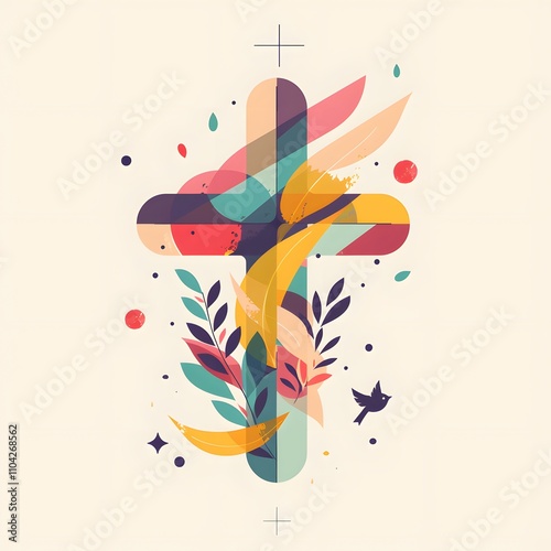 A vibrant, abstract illustration of a cross adorned with colorful leaves and a bird, symbolizing faith and renewal.