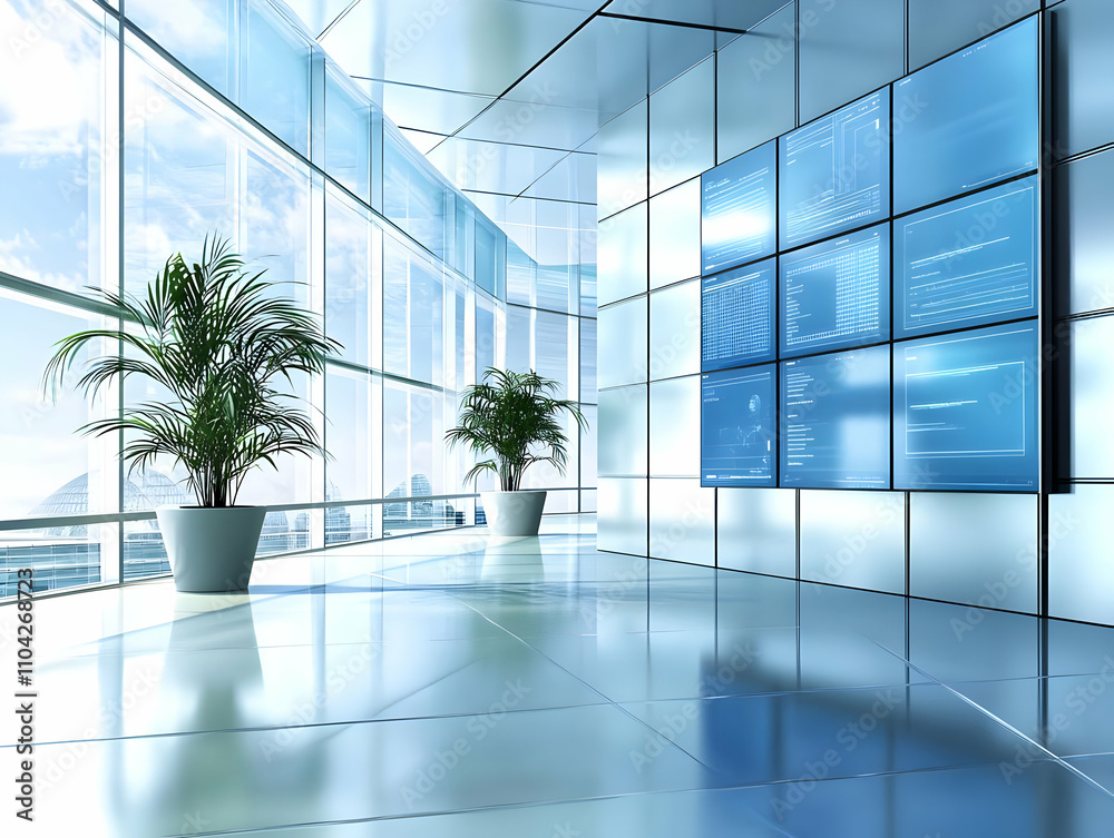 Office interior signage mockups - A modern office space featuring glass walls, digital displays, and indoor plants. Office interior signage mockups - A modern office space featuring glass walls, digital displays, and indoor plants.