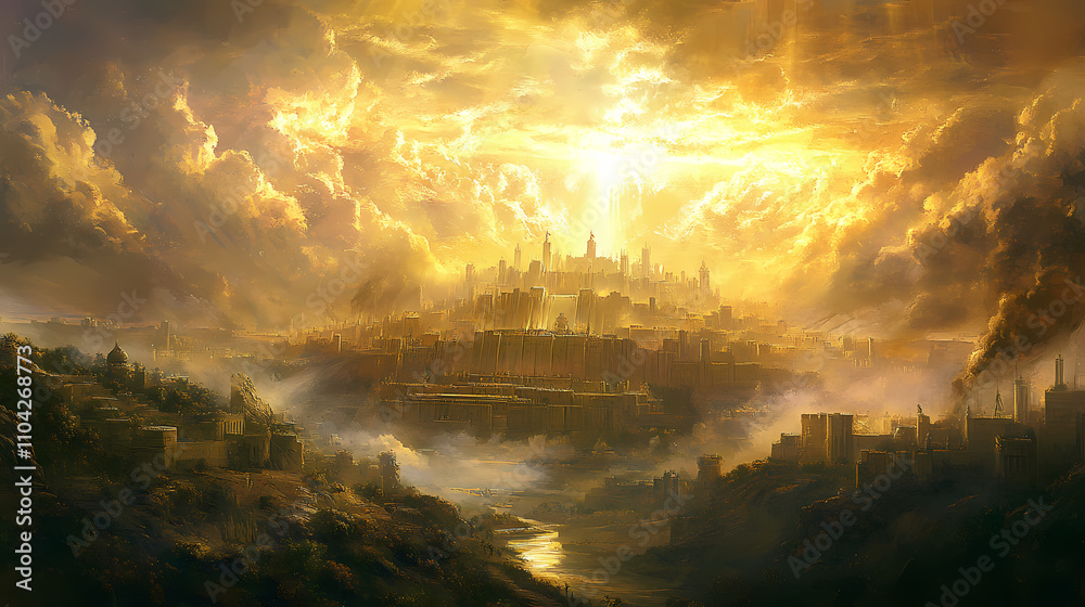 Fototapeta premium The new jerusalem: the city of god descending from heaven - picture a scene where the new jerusalem descends from heaven, a city of pure gold, shining with the glory of god. Transcendent. Illustration