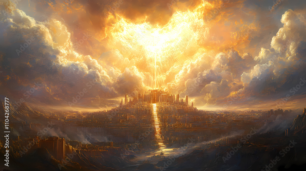 Naklejka premium The new jerusalem: the city of god descending from heaven - picture a scene where the new jerusalem descends from heaven, a city of pure gold, shining with the glory of god. Transcendent. Illustration