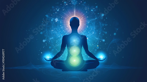 Transcendent meditation scene chakra energy spirals and cosmic consciousness expansion. Transcendent. Illustration