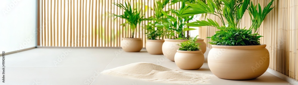 Minimalist balcony with raked sand in small pots and bamboo fencing Minimalist balcony with raked sand in small pots and bamboo fencing