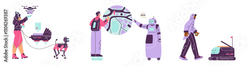 A vector set of robot assistants: a drone, a baby stroller, a dog and cleaner.