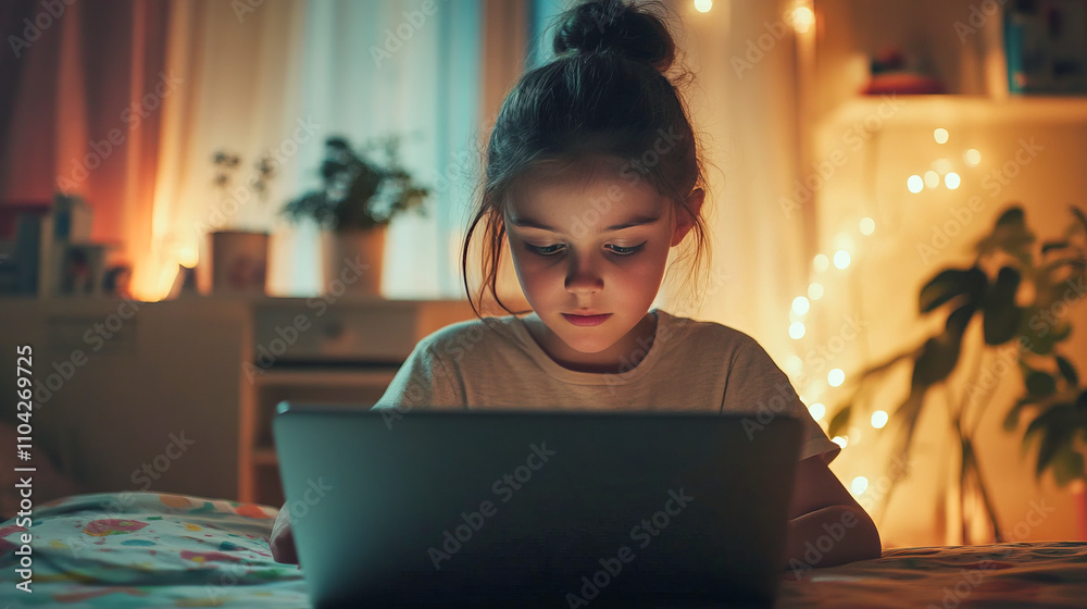 Young caucasian girl using laptop in cozy bedroom with warm lighting Young caucasian girl using laptop in cozy bedroom with warm lighting