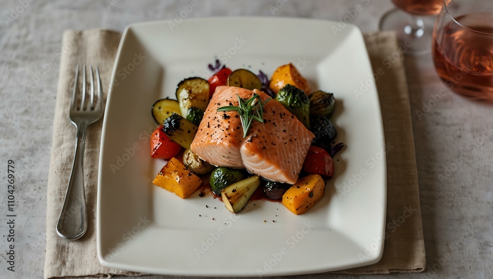 Beautifully plated salmon with roasted vegetables and rose wine. Beautifully plated salmon with roasted vegetables and rose wine.