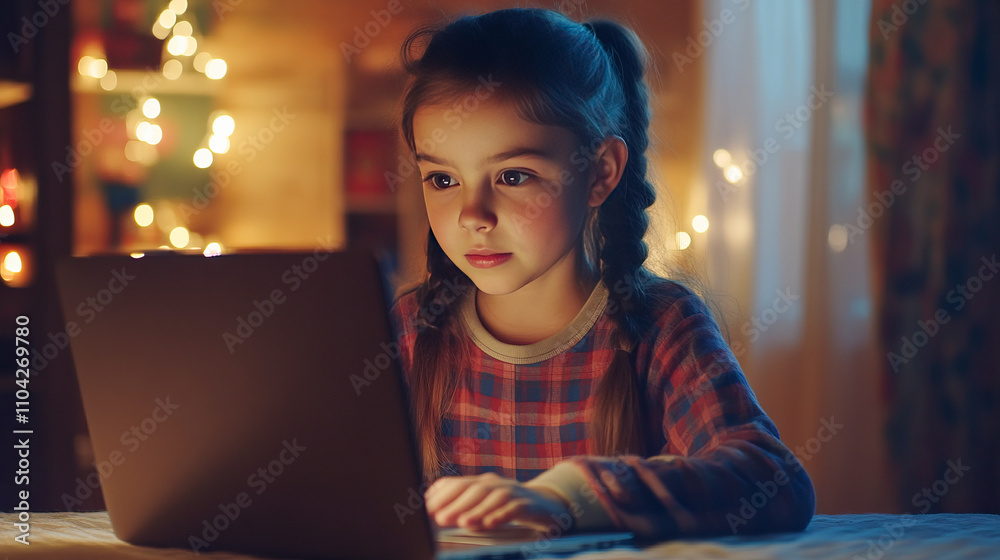 Caucasian young girl using laptop in cozy room with warm lighting Caucasian young girl using laptop in cozy room with warm lighting