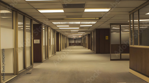 Office interior signage mockups - A vacant office hallway featuring glass walls and neutral-colored carpet.