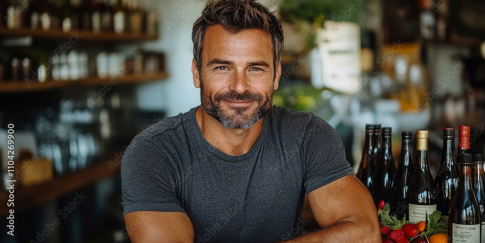 A friendly male bartender stands proudly behind the counter, surrounded by wine bottles and fresh produce, in a vibrant bar atmosphere A friendly male bartender stands proudly behind the counter, surrounded by wine bottles and fresh produce, in a vibrant bar atmosphere
