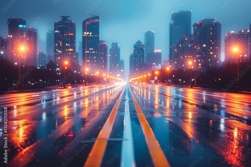 City skyline illuminated by street lights on a rainy night with reflective pavement in the foreground City skyline illuminated by street lights on a rainy night with reflective pavement in the foreground