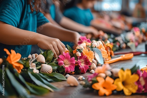 Hands crafting vibrant floral leis with tropical flowers and shells photo