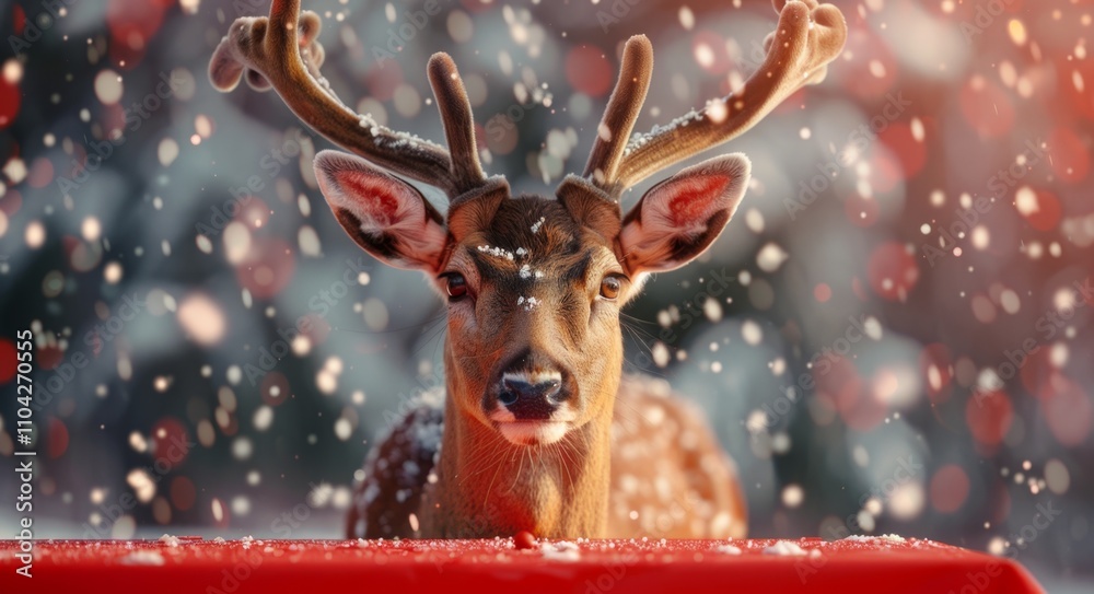 A deer is standing on a red table with snow on its antlers. The image has a festive and joyful mood, as it captures a moment of the deer enjoying the winter season A deer is standing on a red table with snow on its antlers. The image has a festive and joyful mood, as it captures a moment of the deer enjoying the winter season