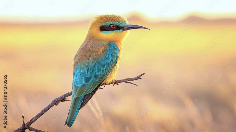 Blue-tailed bee-eater bird perched on branch in golden sunlight, vibrant colors
Blue-tailed bee-eater bird perched on branch in golden sunlight, vibrant colors