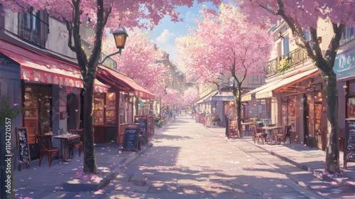 Serene Street in Bloom with Cherry Blossoms and Cozy Cafes photo