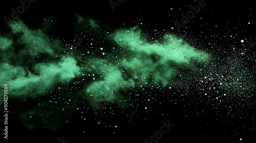 Dynamic cascade of metallic green dust particles creating an ethereal effect in a dark environment