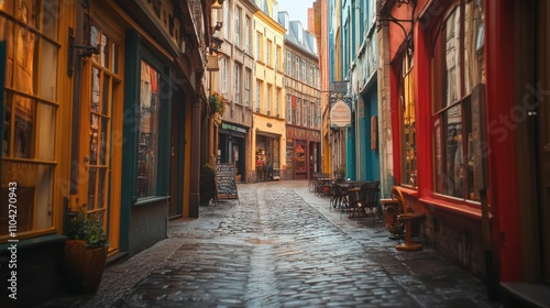 Cozy Medieval Street with Colorful Buildings and Cobblestone Pathway