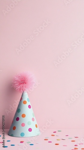 Colorful party hat with fluffy pom and confetti falling on a pastel pink background