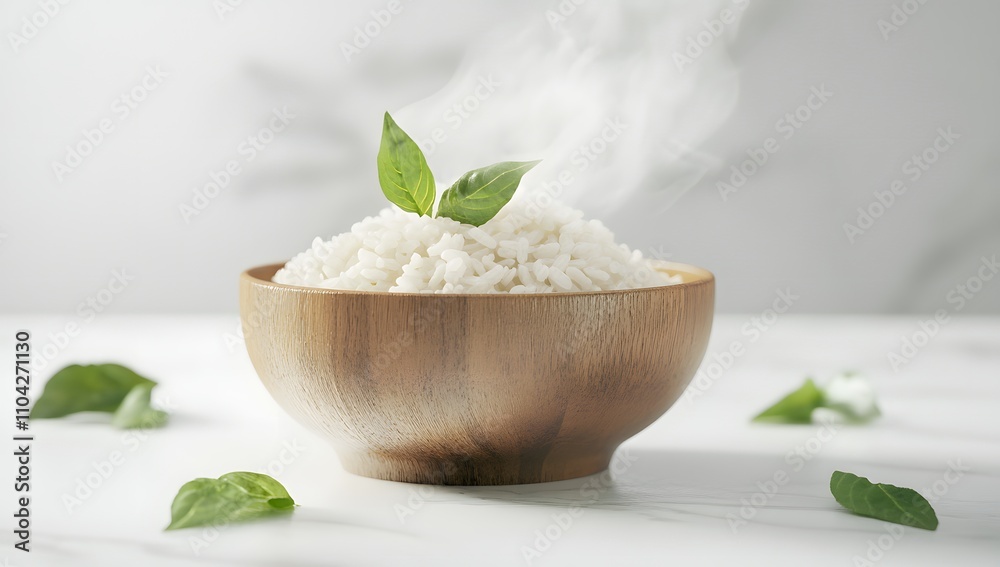 Steaming hot bowl of rice garnished with fresh basil. A simple, healthy, and delicious meal. Steaming hot bowl of rice garnished with fresh basil. A simple, healthy, and delicious meal.