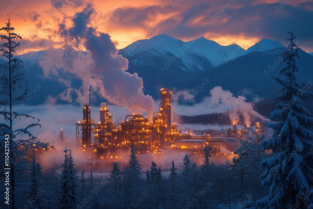 Fototapeta premium Dramatic winter landscape with smoke rising from industrial plant, set against snow-covered mountains and colorful sunset sky