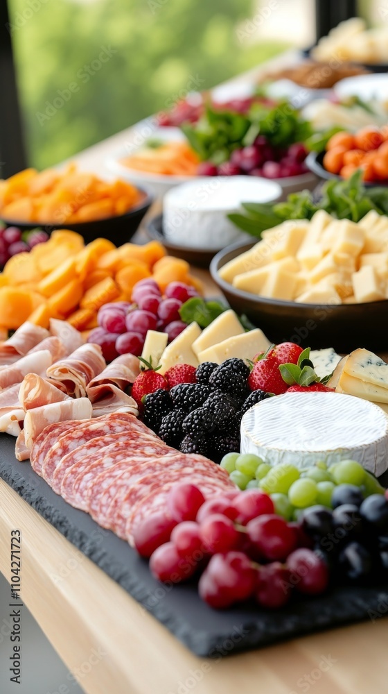 Cheese and charcuterie board with fruits and crackers prepared for a gathering Cheese and charcuterie board with fruits and crackers prepared for a gathering