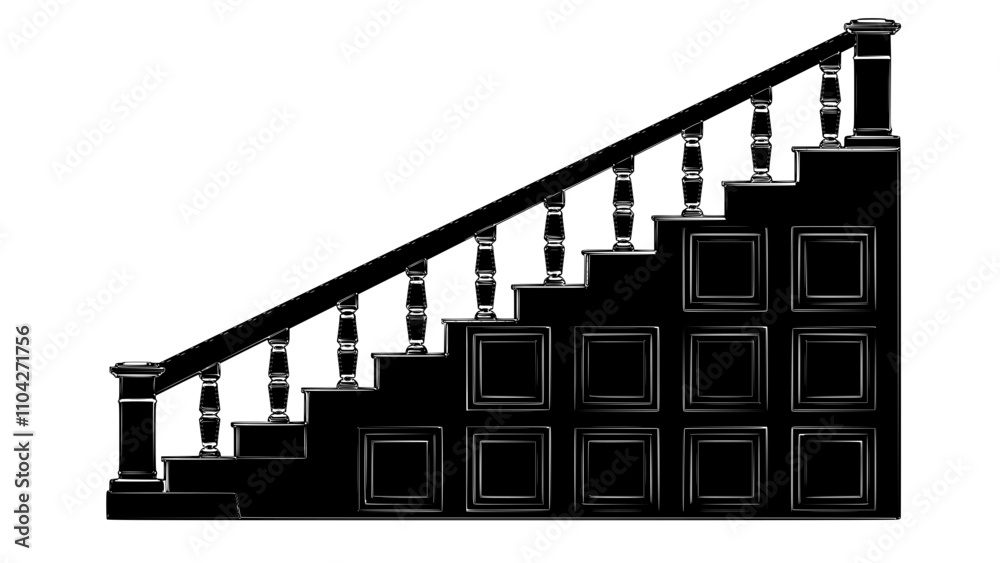 a drawing of a staircase with a banister and a handrail, stairs, stairway, railing, large staircase, staircase, isometric staircase, heavy outlines, height realistic details, detail structure