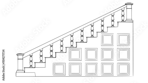 a drawing of a staircase with a banister and a handrail, stairs, stairway, railing, large staircase, staircase, isometric staircase, heavy outlines, height realistic details, detail structure