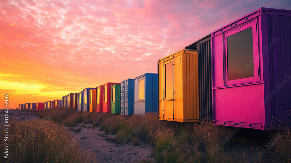 Fototapeta premium Colorful shipping containers at sunset. Generative AI image