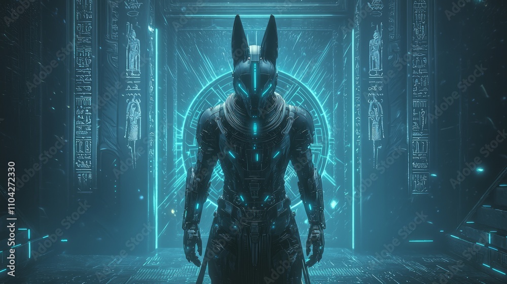 Future Anubis: Cybernetic Guardian at Futuristic Afterlife Gates Surrounded by Glowing Portals. Ultra-Detailed Photorealistic Ancient-Egypt Style Art. Future Anubis: Cybernetic Guardian at Futuristic Afterlife Gates Surrounded by Glowing Portals. Ultra-Detailed Photorealistic Ancient-Egypt Style Art.