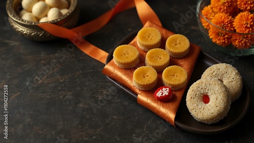 Bhai Dooj sweets and ribbon for festive messages. photo