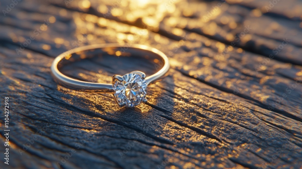 Elegant Diamond Ring on Textured Wooden Surface with Warm Light Elegant Diamond Ring on Textured Wooden Surface with Warm Light