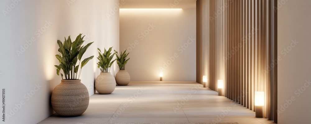 Fototapeta premium Zen-inspired hallway with clean lines, warm lighting, and natural textures