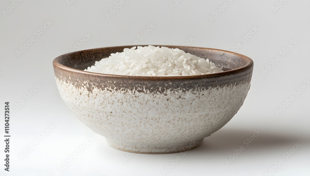 A rustic stoneware bowl filled with a generous portion of uncooked white rice. Simple, elegant, and ready for cooking. A rustic stoneware bowl filled with a generous portion of uncooked white rice. Simple, elegant, and ready for cooking.