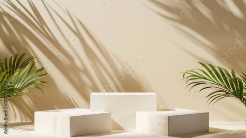 Simple natural setting with blank stage, four white rectangular podiums on beige backdrop for showcasing cosmetic products. photo