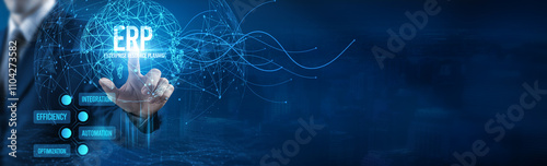 Man touching ERP (Enterprise Resource Planning) icon on the virtual interface, business management, data integration, resource optimization, automated workflows, real-time tracking, process efficiency