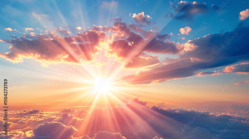 A bright sunrise symbolizing new beginnings against a solid background A bright sunrise symbolizing new beginnings against a solid background