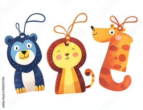 Assortment of hangtags with baby animals and soft pastel stripes. photo