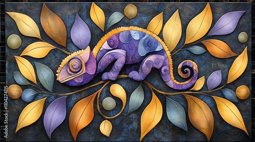 A vibrant chameleon resting among colorful leaves, showcasing artistic design and nature.